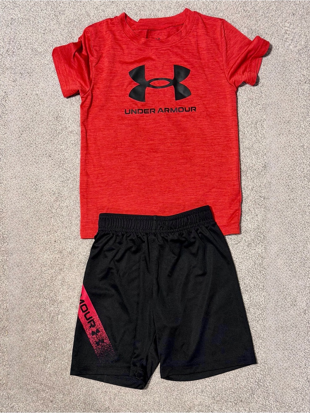 Under Armour Red Athletic Logo Tee with Black Athletic Shorts - size 5